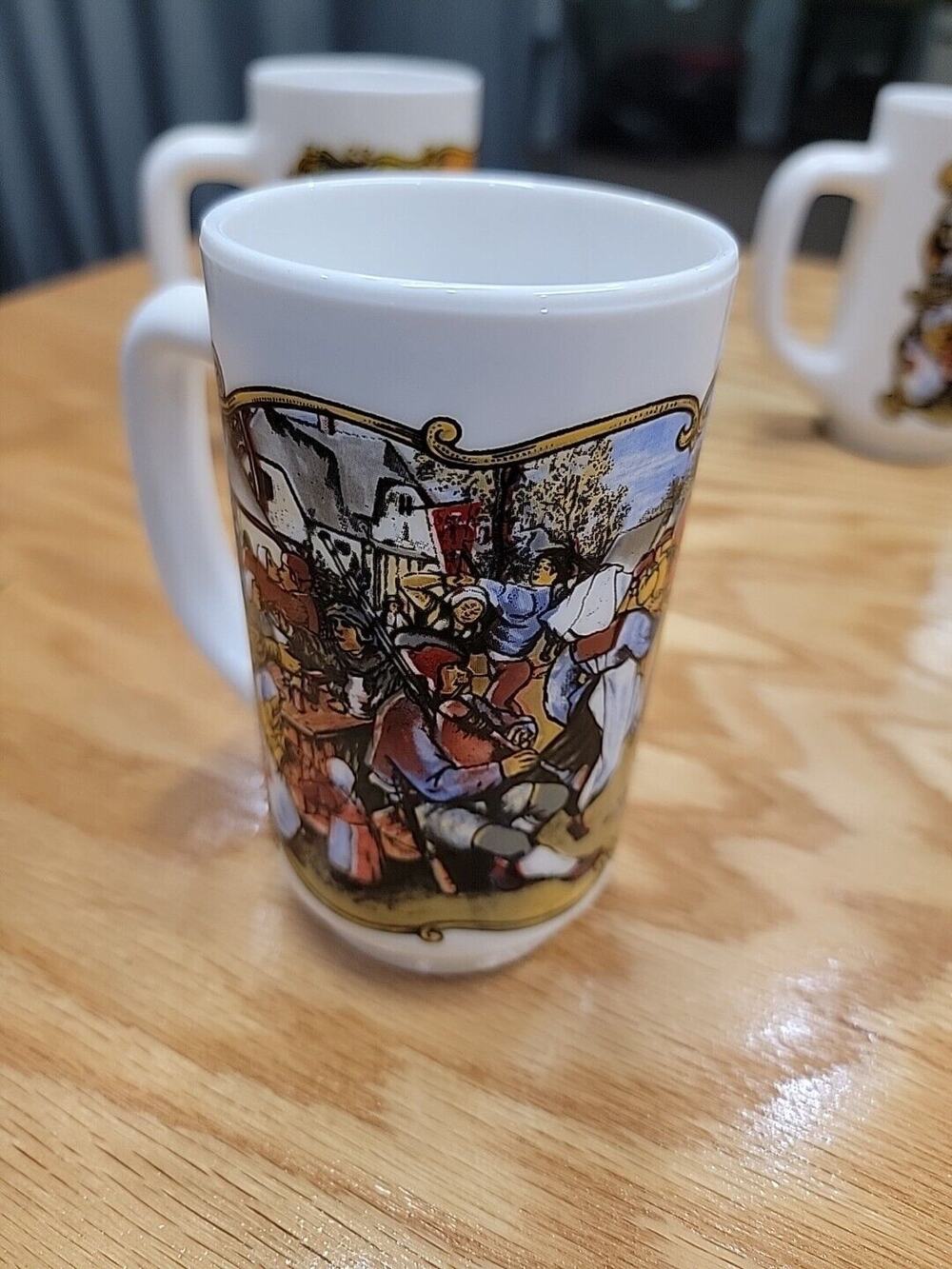 Arcopal French Milk Glass France Renaissance Village Dancing Scene Mug Set 3 B87